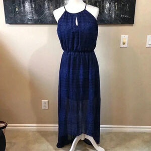 Royal Blue & Black Sheer Floral & Geometric Design High Low Halter Maxi Dress-M